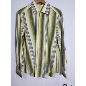Vintage Lime Green Tropical Leaf Jacquard Striped Button Down Shirt Mens L
